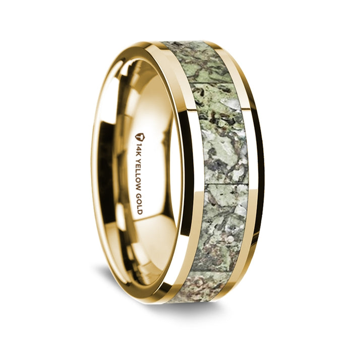 14K Yellow Gold Polished Beveled Edges Wedding Ring with Green Dinosaur Bone Inlay - 8 mm