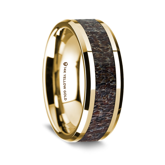 14K Yellow Gold Polished Beveled Edges Wedding Ring with Dark Deer Antler Inlay - 8 mm