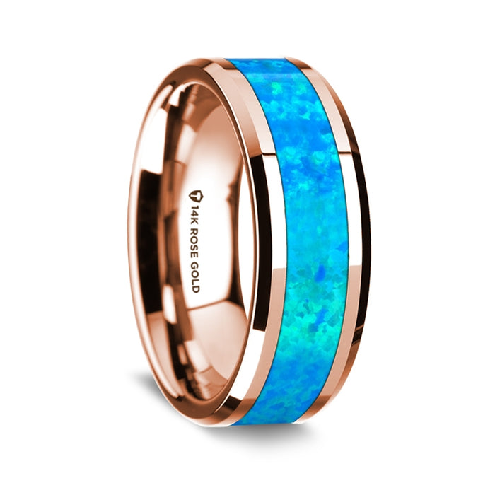 14K Rose Gold Polished Beveled Edges Wedding Ring with Blue Opal Inlay - 8 mm