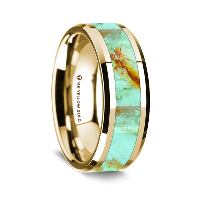 14K Yellow Gold Polished Beveled Edges Wedding Ring with Turquoise Inlay - 8 mm