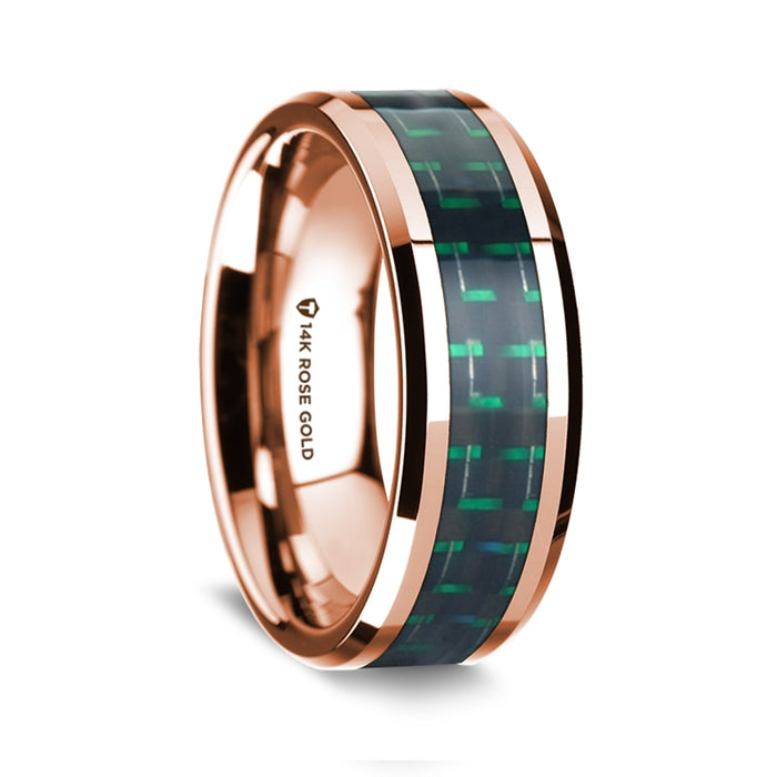14k Rose Gold Polished Beveled Edges Wedding Ring with Black and Green Carbon Fiber Inlay - 8 mm