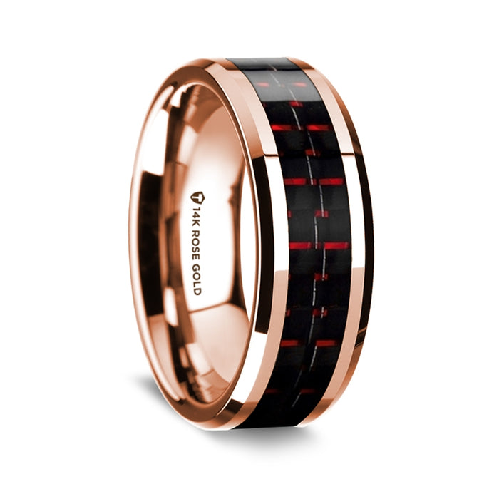 14K Rose Gold Polished Beveled Edges Wedding Ring with Black and Red Carbon Fiber Inlay - 8 mm