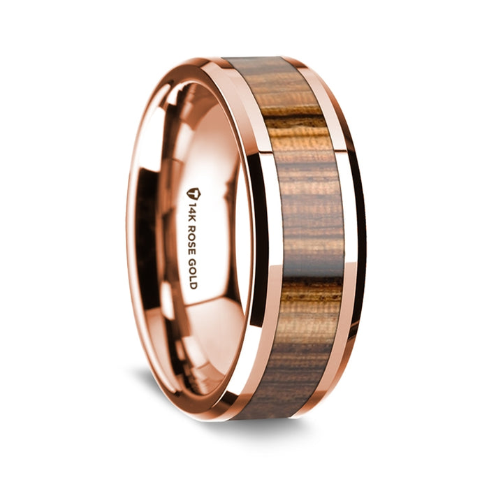 14k Rose Gold Polished Beveled Edges Wedding Ring with Zebra Wood Inlay - 8 mm