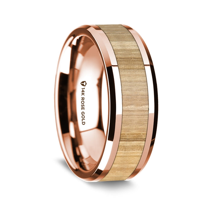 14K Rose Gold Polished Beveled Edges Wedding Ring with Ash Wood Inlay - 8 mm