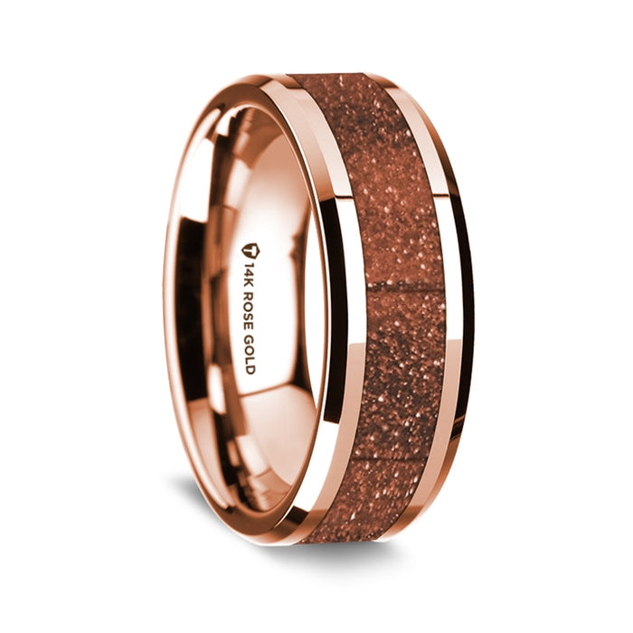 14K Rose Gold Polished Beveled Edges Wedding Ring with Orange Goldstone Inlay - 8 mm