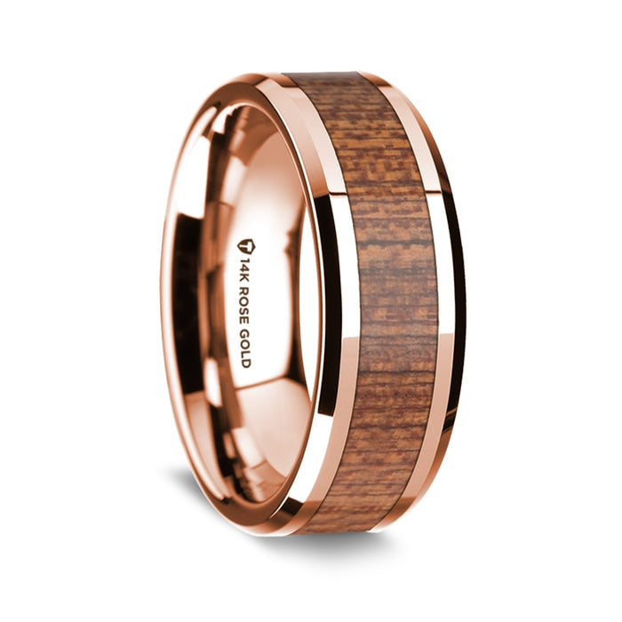 14K Rose Gold Polished Beveled Edges Wedding Ring with Sapele Inlay - 8 mm