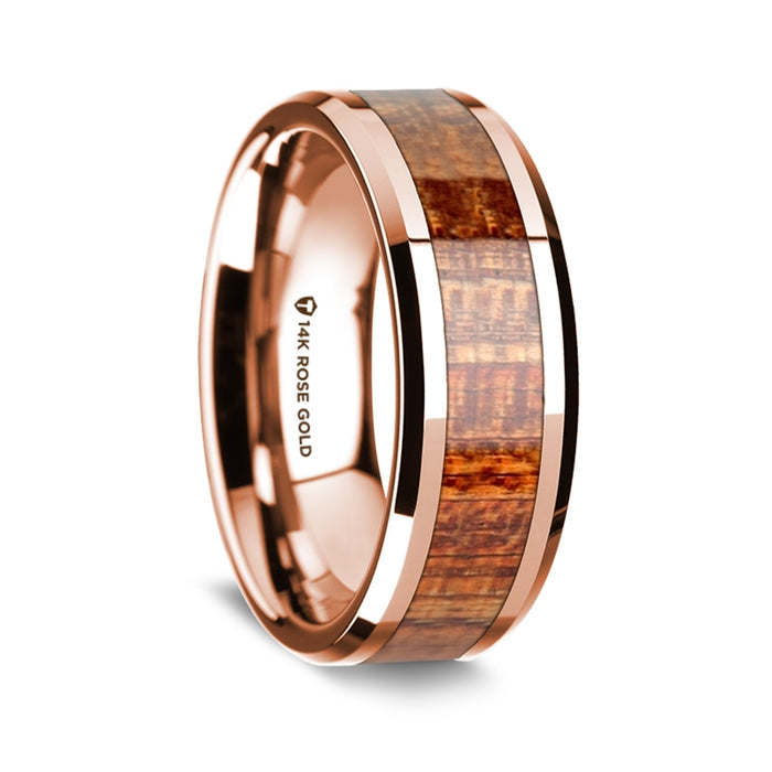14K Rose Gold Polished Beveled Edges Wedding Ring with Mahogany Inlay - 8 mm