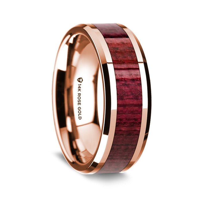 14K Rose Gold Polished Beveled Edges Wedding Ring with Purple Heart Wood Inlay - 8 mm