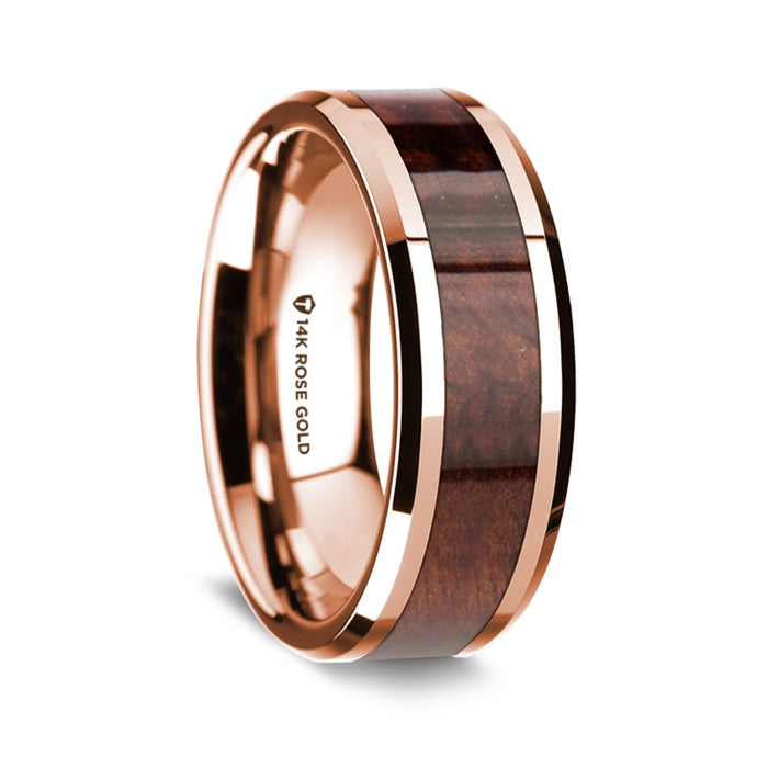 14K Rose Gold Polished Beveled Edges Wedding Ring with Redwood Inlay - 8 mm