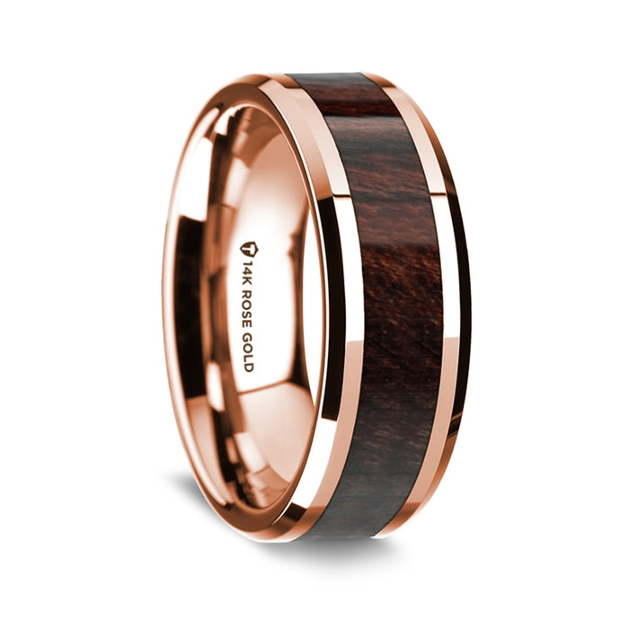 14K Rose Gold Polished Beveled Edges Wedding Ring with Bubinga Wood Inlay - 8 mm
