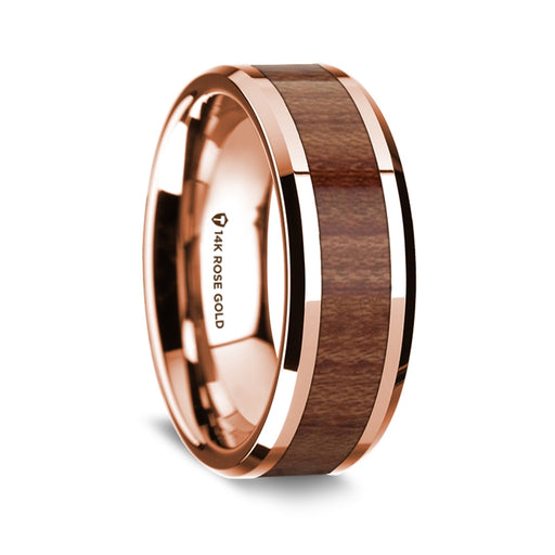 14K Rose Gold Polished Beveled Edges Wedding Ring with Rosewood Inlay - 8 mm