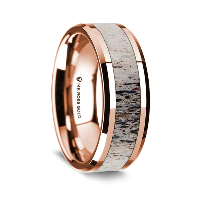 14K Rose Gold Polished Beveled Edges Wedding Ring with Ombre Deer Antler Inlay - 8 mm