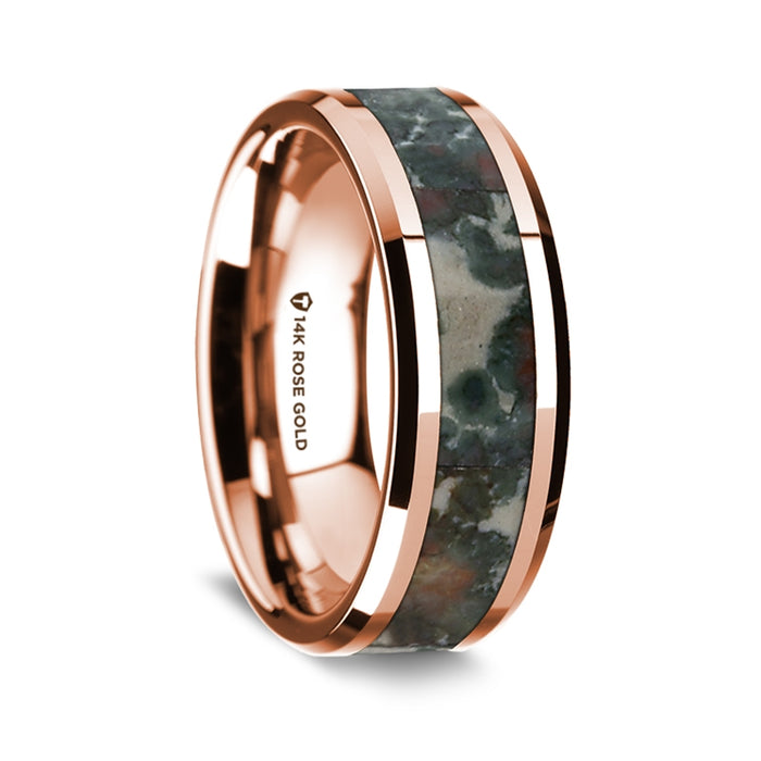 14K Rose Gold Polished Beveled Edges Wedding Ring with Coprolite Inlay - 8 mm