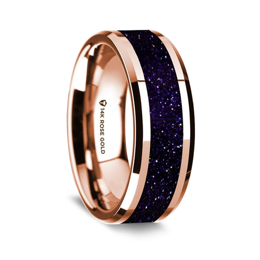 14K Rose Gold Polished Beveled Edges Wedding Ring with Purple Goldstone Inlay - 8 mm