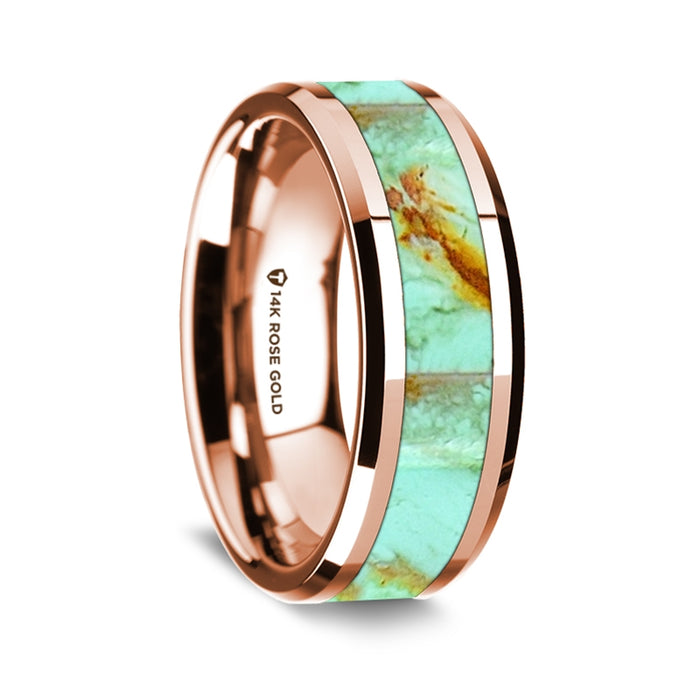 14K Rose Gold Polished Beveled Edges Wedding Ring with Turquoise Inlay - 8 mm