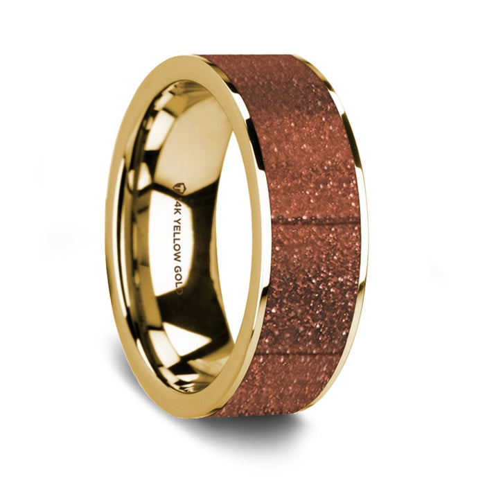 Flat Polished 14K Yellow Gold Men's Wedding Ring with Orange Goldstone Inlay - 8 mm