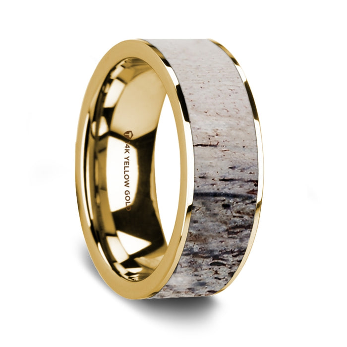 Flat Polished 14K Yellow Gold Wedding Ring with Ombre Deer Antler Inlay - 8 mm