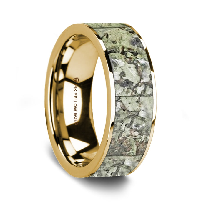 Flat Polished 14K Yellow Gold Wedding Ring with Green Dinosaur Bone Inlay - 8 mm
