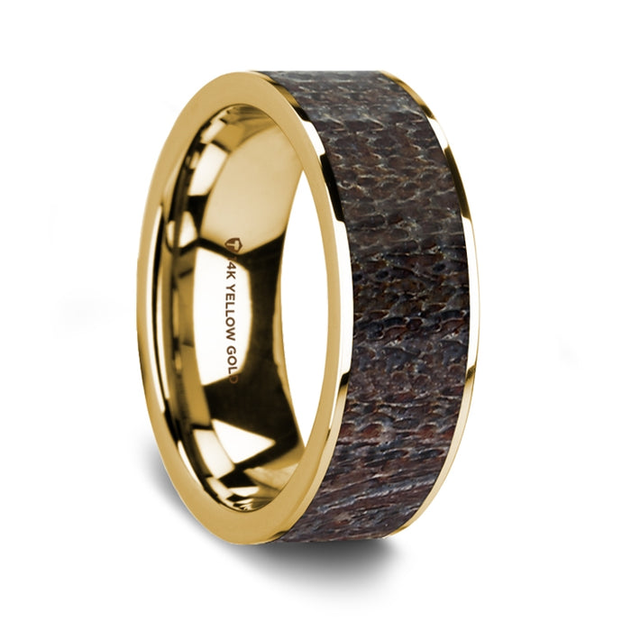 Flat Polished 14K Yellow Gold Wedding Ring with Dark Deer Antler Inlay - 8 mm