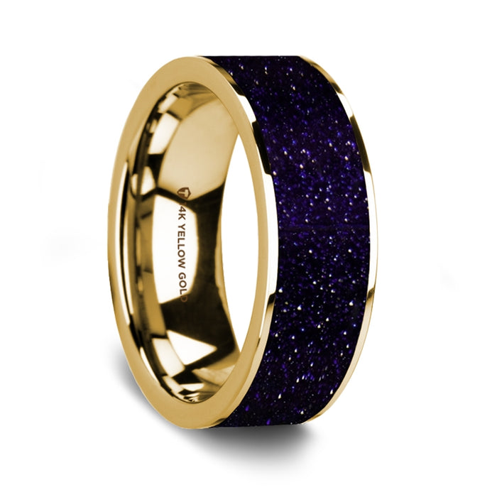Flat Polished 14K Yellow Gold Wedding Ring with Purple Goldstone Inlay - 8 mm