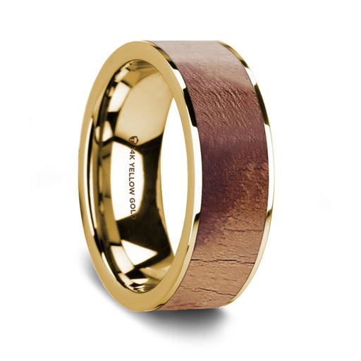 Flat Polished 14K Yellow Gold Men's Wedding Band with Olive Wood Inlay - 8 mm