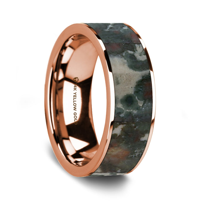 Flat Polished 14K Rose Gold Wedding Ring with Coprolite Fossil Inlay - 8 mm