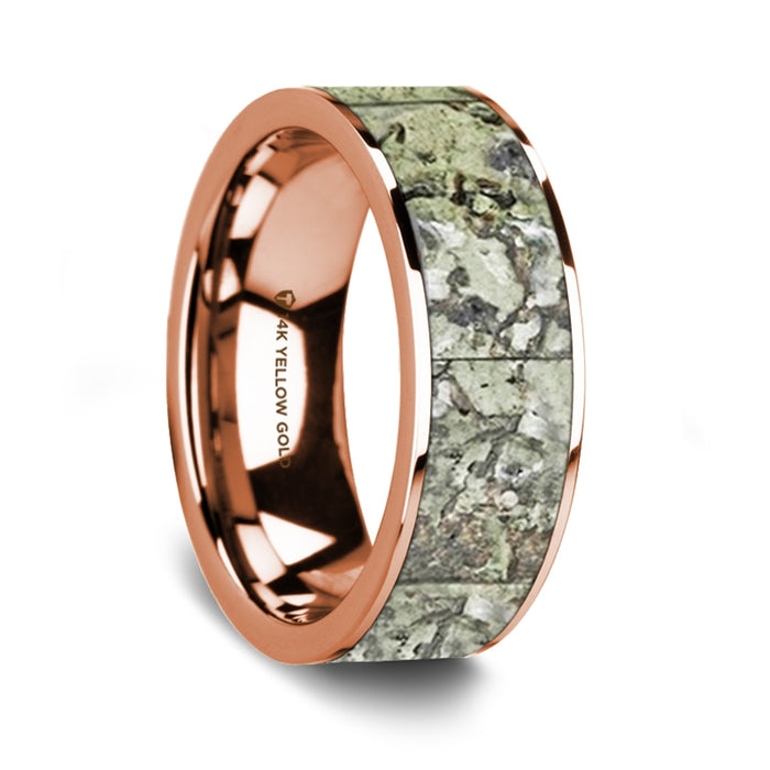 Flat Polished 14K Rose Gold Wedding Ring with Green Dinosaur Bone Inlay - 8 mm