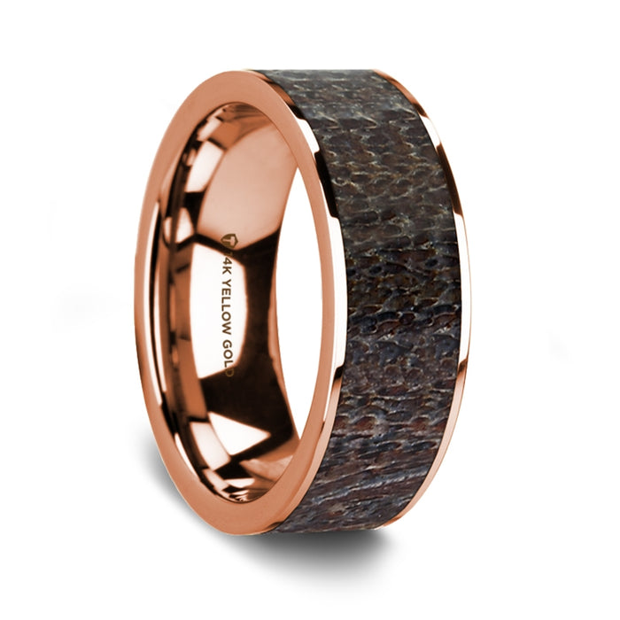 Flat Polished 14K Rose Gold Wedding Ring with Dark Deer Antler Inlay - 8 mm