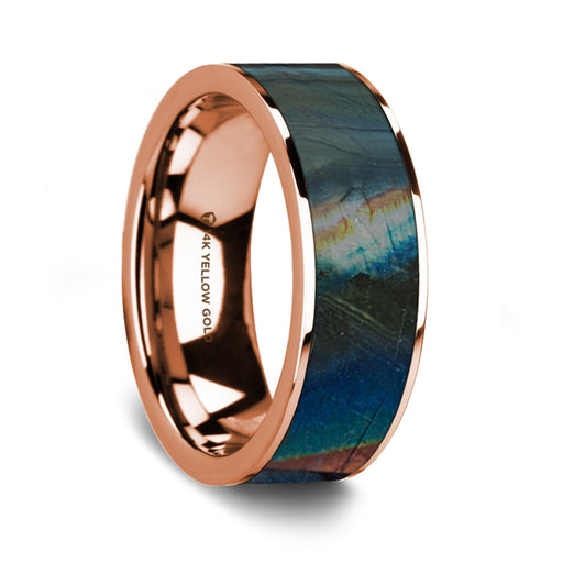 Flat Polished 14K Rose Gold Wedding Ring with Spectrolite Inlay - 8 mm