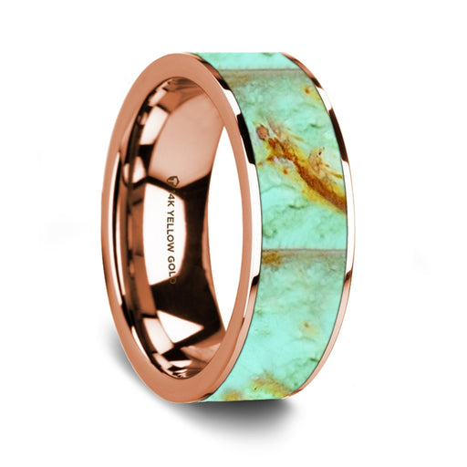 Flat Polished 14K Rose Gold Wedding Ring with Turquoise Inlay - 8 mm