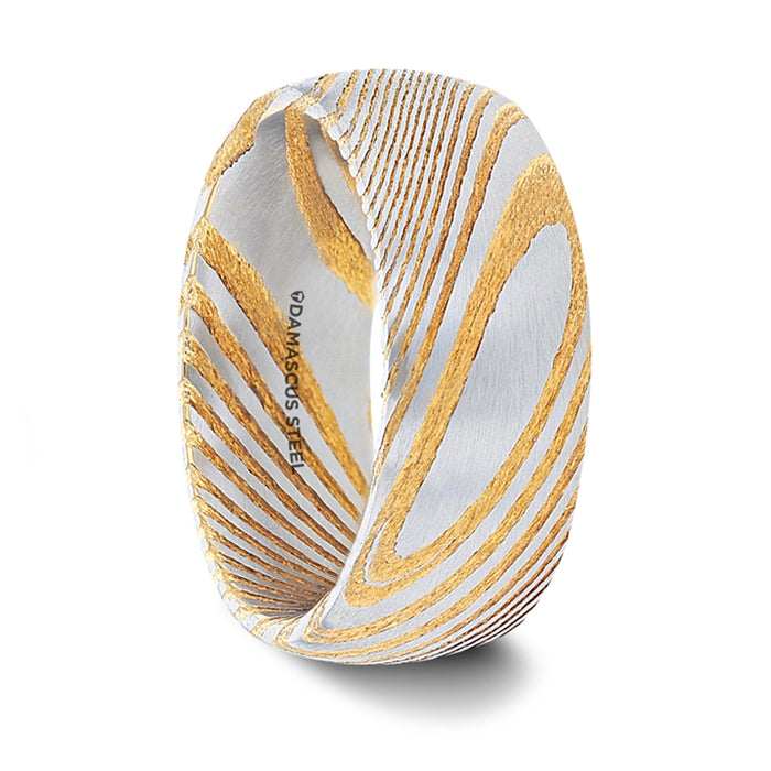 CERSEI Gold Color Domed Brushed Damascus Steel Men’s Wedding Band with A Vivid Etched Design- 6mm & 8mm