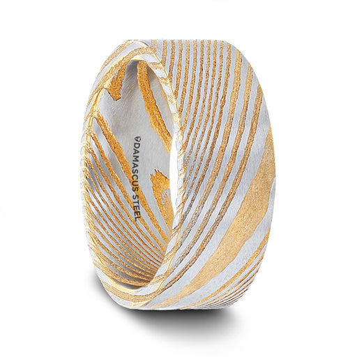 BISHOP Gold Color Flat Brushed Damascus Steel Men’s Wedding Band with A Vivid Etched Design- 6mm & 8mm