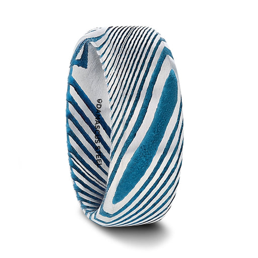 BISMAN Blue Beveled Brushed Damascus Steel Men’s Wedding Band with A Vivid Etched Design- 6mm & 8mm