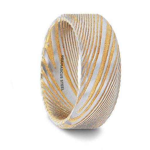 JOFFREY Gold Color Beveled Brushed Damascus Steel Men’s Wedding Band with A Vivid Etched Design - 6mm & 8mm