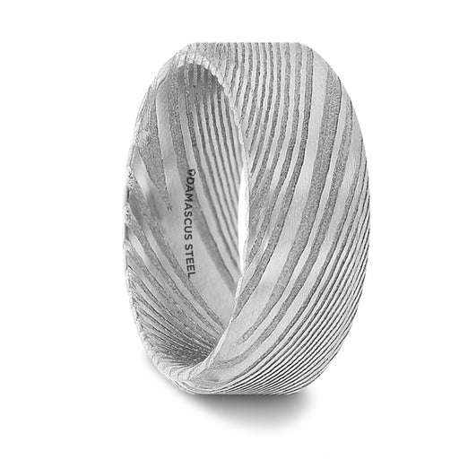 GHOST Grey Damascus Steel Brushed Beveled Men’s Wedding Band with Repeating Artisan Pattern - 6mm & 8mm