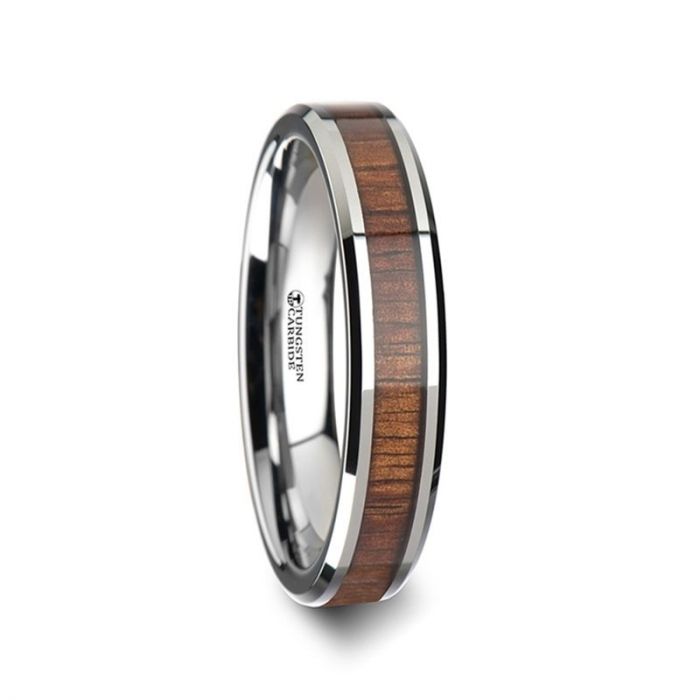 KONA Koa Wood Inlaid Tungsten Carbide Ring with Bevels - 4mm - 12mm