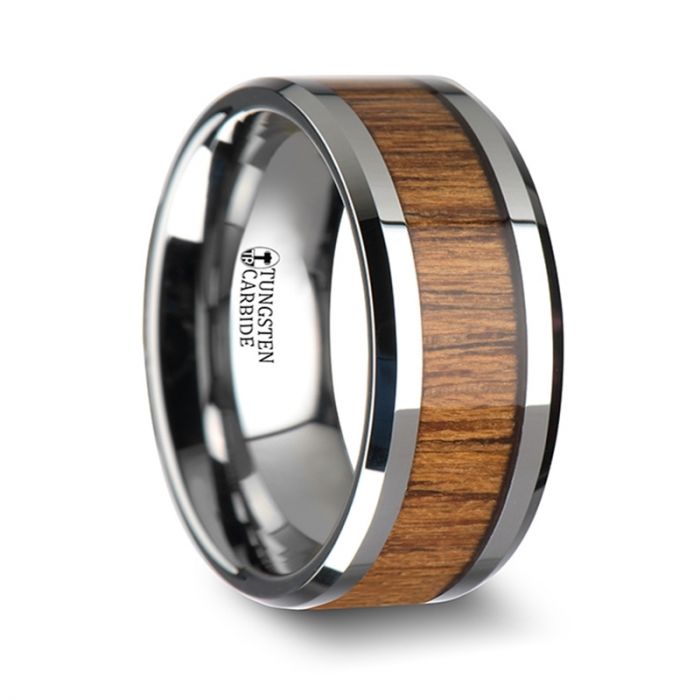 TEKKU Wood Tungsten Ring with Polished Bevels and Teak Wood Inlay - 6mm - 10mm