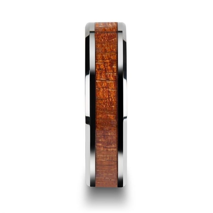 KHAYA Tungsten Band with Polished Bevels and Real Hardwood Mahogany Inlay - 4mm - 10mm