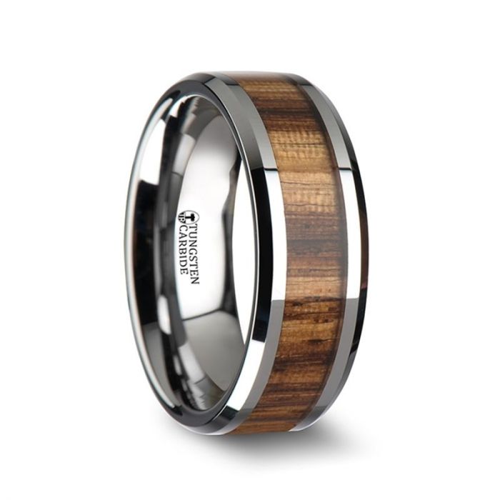 PALMALETTO Tungsten Carbide Ring with Beveled Edges and Real Zebra Wood Inlay - 4mm - 10mm