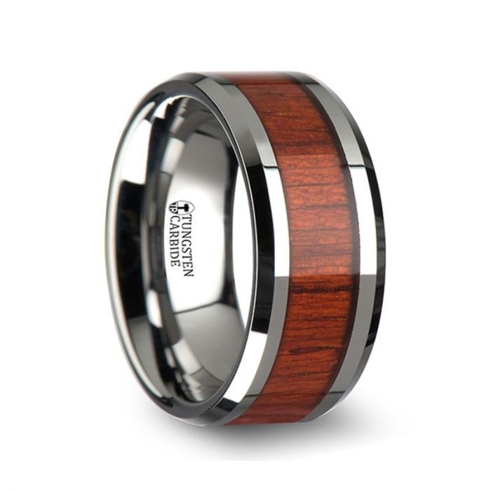 NARRA Tungsten Wood Ring with Polished Bevels and Padauk Real Wood Inlay - 6mm - 10mm
