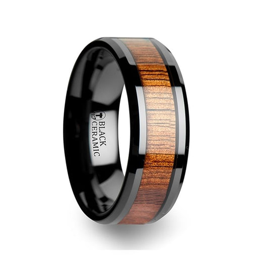 ACACIA Koa Wood Inlaid Black Ceramic Ring with Bevels - 4 mm - 12 mm