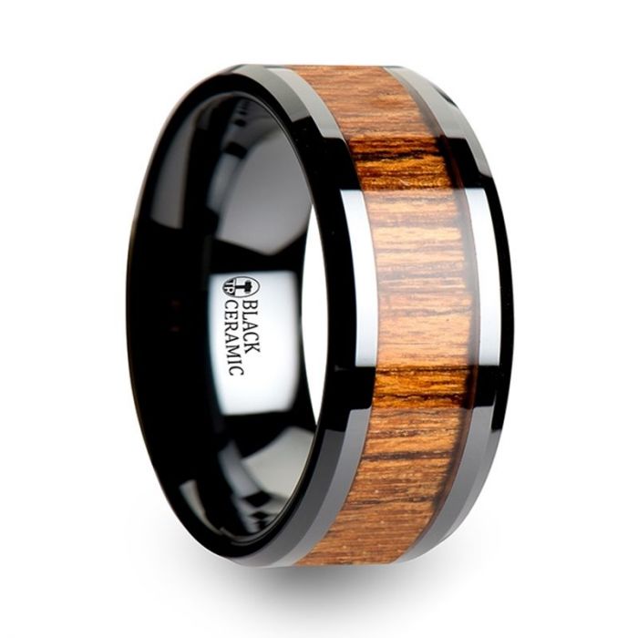 SAGON Black Ceramic Ring with Polished Bevels and Teak Wood Inlay - 6mm - 10mm
