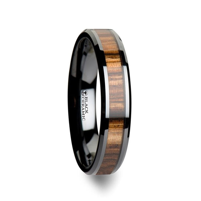 ZEBRANO Black Ceramic Ring with Beveled Edges and Real Zebra Wood Inlay - 4mm - 10mm