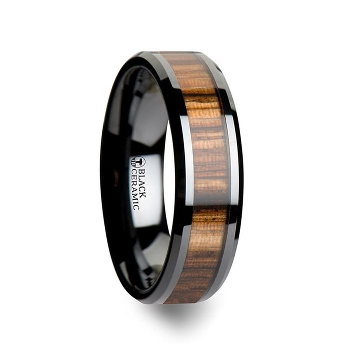 ZEBRANO Black Ceramic Ring with Beveled Edges and Real Zebra Wood Inlay - 4mm - 10mm