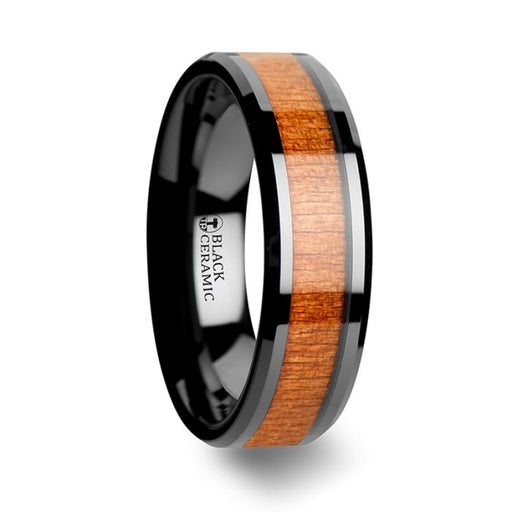 IOWA Black Ceramic Wedding Ring with Polished Bevels and Black Cherry Wood Inlay - 6mm - 10mm