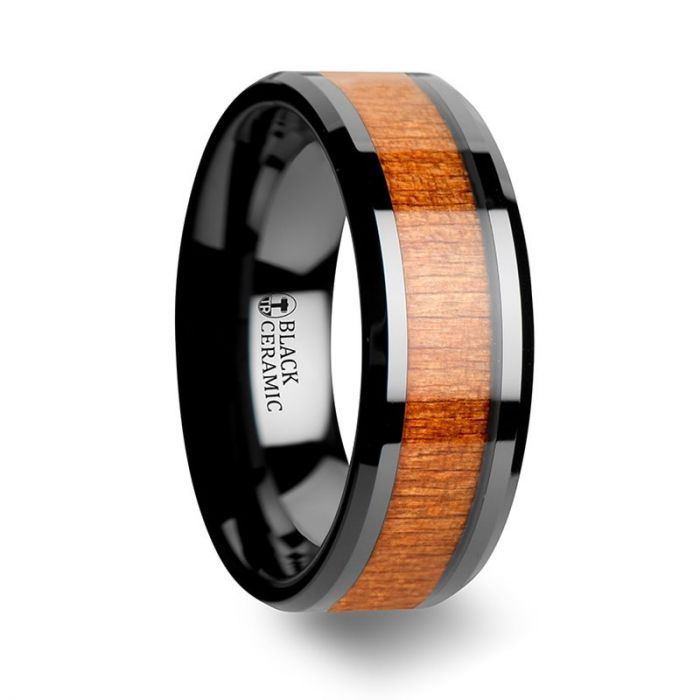 IOWA Black Ceramic Wedding Ring with Polished Bevels and Black Cherry Wood Inlay - 6mm - 10mm