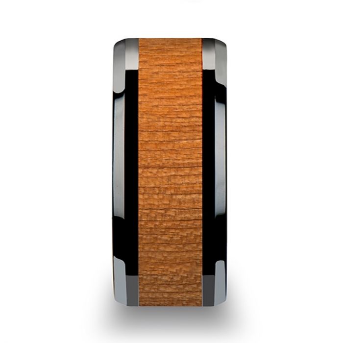 IOWA Black Ceramic Wedding Ring with Polished Bevels and Black Cherry Wood Inlay - 6mm - 10mm