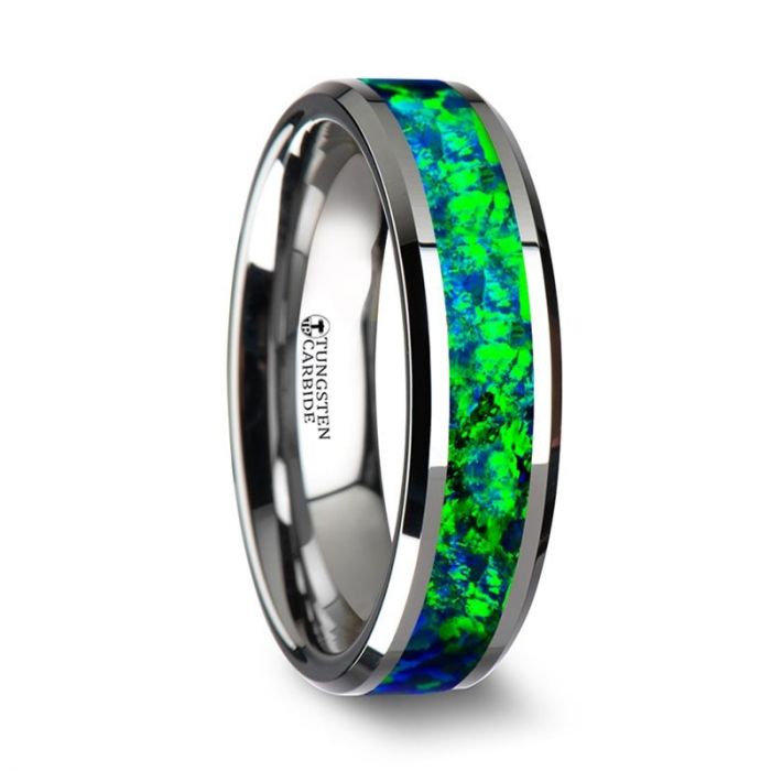 PHOTON Tungsten Beveled Wedding Band with Emerald Green & Sapphire Blue Color Opal Inlay - 6mm & 8mm