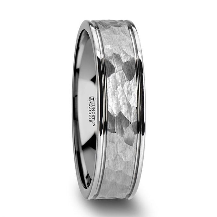 THORNTON Hammered Finish Center White Tungsten Carbide Wedding Band with Dual Offset Grooves and Polished Edges - 6mm & 8mm