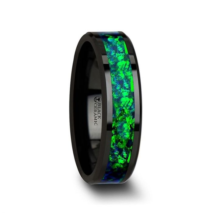 PULSAR Black Ceramic Wedding Band with Beveled Edges and Emerald Green & Sapphire Blue Color Opal Inlay - 6mm & 8 mm